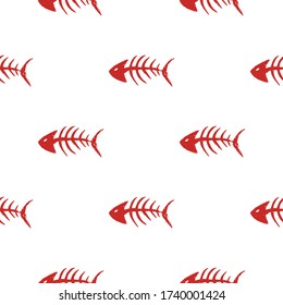 Fish bones Seamless pattern. Fish skeleton doodle, Hand drawn Cartoon Vector illustration.