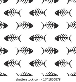 Fish bones Seamless pattern. Fish skeleton doodle, Hand drawn Cartoon Vector illustration.