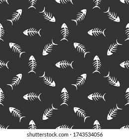 Fish bones Seamless pattern. Fish skeleton doodle, Hand drawn Cartoon Vector illustration.