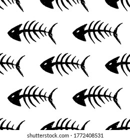 Fish bones Seamless pattern. Fish skeleton doodle, Hand drawn Cartoon Vector illustration.