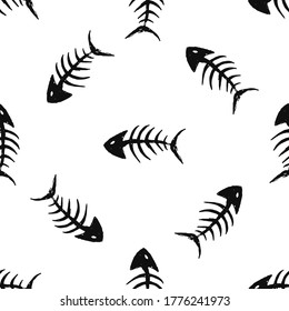 Fish bones Seamless pattern. Fish skeleton doodle, Hand drawn Cartoon Vector illustration.