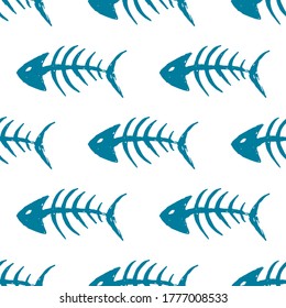 Fish bones Seamless pattern. Fish skeleton doodle, Hand drawn Cartoon Vector illustration.