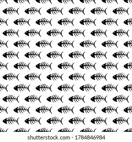 Fish bones Seamless pattern. Fish skeleton doodle, Hand drawn Cartoon Vector illustration.