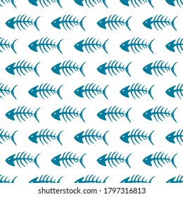 Fish bones Seamless pattern. Fish skeleton doodle, Hand drawn Cartoon Vector illustration.