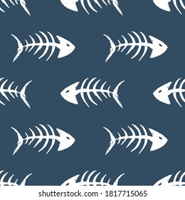 Fish bones Seamless pattern. Fish skeleton doodle, Hand drawn Cartoon Vector illustration.