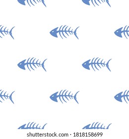 Fish bones Seamless pattern. Fish skeleton doodle, Hand drawn Cartoon Vector illustration.