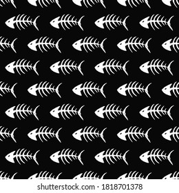 Fish bones Seamless pattern. Fish skeleton doodle, Hand drawn Cartoon Vector illustration.