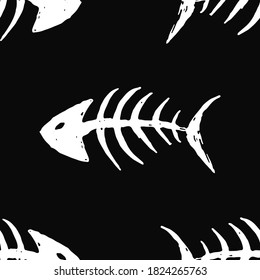 Fish bones Seamless pattern. Fish skeleton doodle, Hand drawn Cartoon Vector illustration.