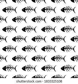 Fish bones Seamless pattern. Fish skeleton doodle, Hand drawn Cartoon Vector illustration.