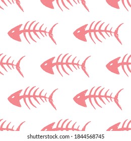 Fish bones Seamless pattern. Fish skeleton doodle, Hand drawn Cartoon Vector illustration.