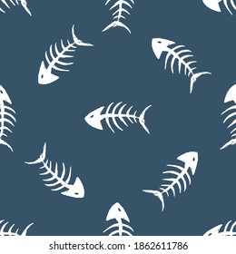 Fish bones Seamless pattern. Fish skeleton doodle, Hand drawn Cartoon Vector illustration.