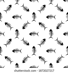 Fish bones Seamless pattern. Fish skeleton doodle, Hand drawn Cartoon Vector illustration.