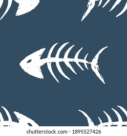 Fish Bones Seamless Pattern. Fish Skeleton Doodle, Hand Drawn Cartoon Vector Illustration.