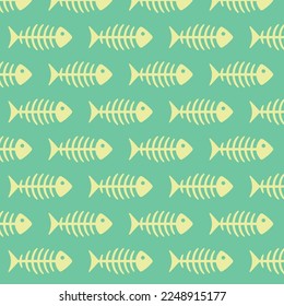 Fish bones Seamless pattern. Fish skeleton doodle, Hand drawn Cartoon Vector illustration.
