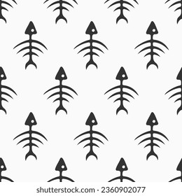 Fish bones seamless vector pattern. Doodle fish skeleton. Hand drawn vector illustration. Vector black and white background. For wallpaper,printing on fabric, paper, scrapbooking.
