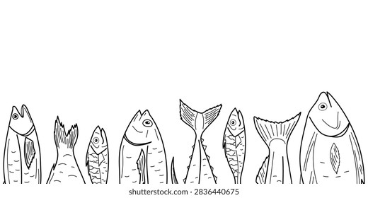 Fish border frame with assorted whole fish arranged along the bottom edge and large copy space for seafood menus, market posters and restaurant banners, hand drawn vector doodle line illustration on white background.