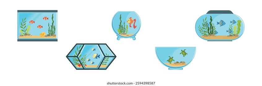 Fish Bowl and Aquarium with Sand Bottom and Water Vector Set