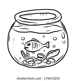 Fish In Bowl / Cartoon Vector And Illustration, Black And White, Hand Drawn, Sketch Style, Isolated On White Background.