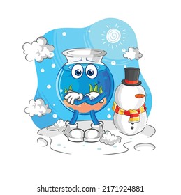 fish bowl in cold winter character. cartoon mascot vector