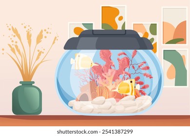 Cuenco de pescado con plantas decorativas, rocas y peces de colores, sobre un fondo de obras de arte enmarcadas, que representan un interior de casa con estilo. Ideal para decoración, relajación y temas de estilo de vida. 