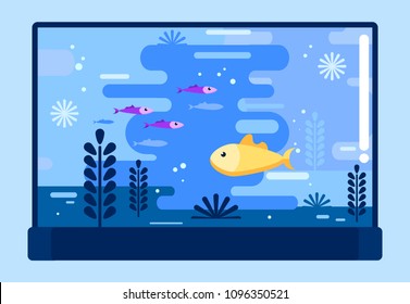 Fish bowl with deferent fishes in flat style. Glass aquarium. Vector illustration design.