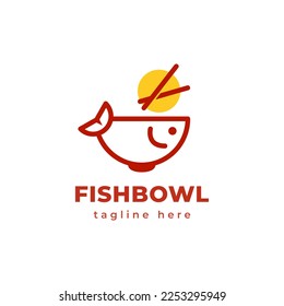 Fish bowl food logo line modern and minimal design. Soup cup and chopsticks vector illustration