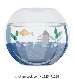 Fish Bowl With Gold Fish, Blue Marine Stones, Aquarium Decoration Castle And Seaweed. Isolated Vector Image.