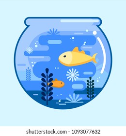 Fish bowl with gold fish in flat style. Round glass aquarium. Vector illustration design.