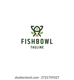 Design de logotipo de folha de bacia de peixe, ícone de restaurante de frutos do mar abstrato com elemento de planta verde orgânica.