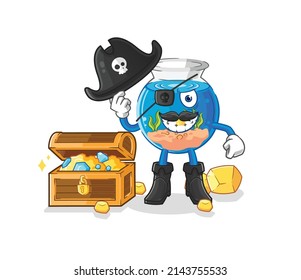 Fish Bowl Pirate With Treasure Mascot. Cartoon Vector