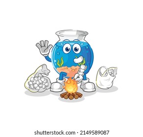 fish bowl roasting marshmallows. cartoon mascot vector