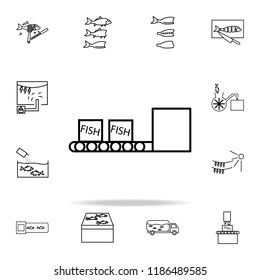 fish boxes on conveyor belt icon. fish production icons universal set for web and mobile