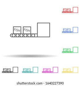 fish boxes on conveyor belt multi color style icon. Simple thin line, outline vector of fish production icons for ui and ux, website or mobile application