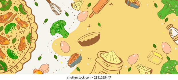 Pastel de pescado y brócoli e ingredientes, banderas, espacio de copia, vector