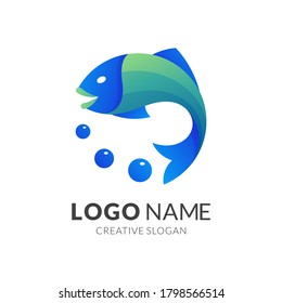 fish and bubble logo design, modern 3d logo style in gradient green and blue color