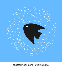 Fish and bubbles flat illustration. Stylized black fish with white bubbles on blue background. Best for web, print, logo creating and branding design.