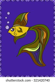 Fish with bubbles in frame. Abstract vector hand drawn decorative calligraphy stylized vintage ornate multicolored cartoon illustration. Isolated on a blue background.
