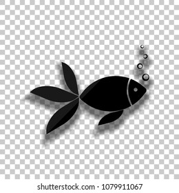 Fish with bubbles icon. Black glass icon with soft shadow on transparent background