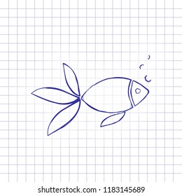 Fish with bubbles icon. Hand drawn picture on paper sheet. Blue ink, outline sketch style. Doodle on checkered background