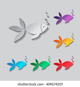 Fish with bubbles icon. Paper style colored set