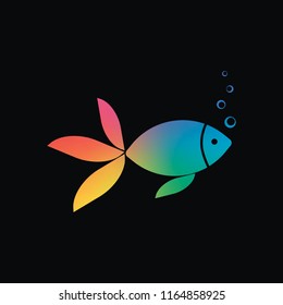 Fish with bubbles icon. Rainbow color and dark background