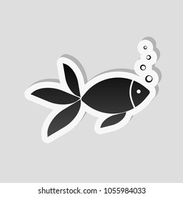 Fish with bubbles icon. Sticker style with white border and simple shadow on gray background