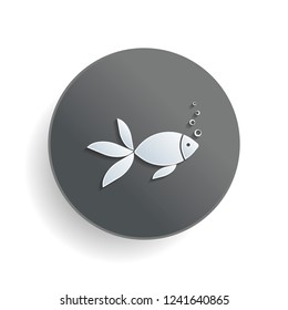Fish with bubbles icon. White paper symbol on gray round button with shadow