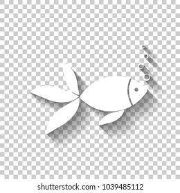 Fish with bubbles icon. White icon with shadow on transparent background