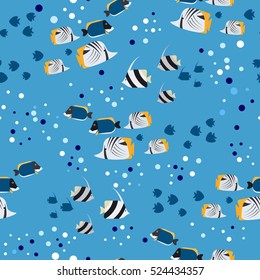 Fish and bubbles seamless pattern on blue. Vector illustration.
