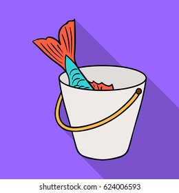Fish in the bucket icon in flat style isolated on white background. Fishing symbol stock vector illustration.