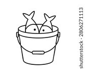 Fish bucket with fish bucket outline, two fish inside, handle and pail shape for fresh catch, seafood storage and fishing gear
