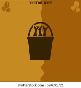 Fish in a bucket vector  icon. Coffee symbol background.