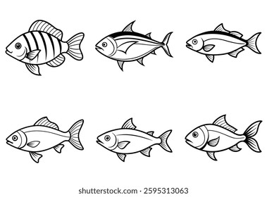 fish bundle vector line art on white background, fish line art. bundle.
