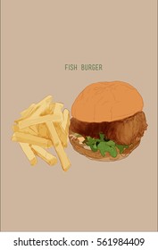 fish burger  and french fries, Hand draw illustration